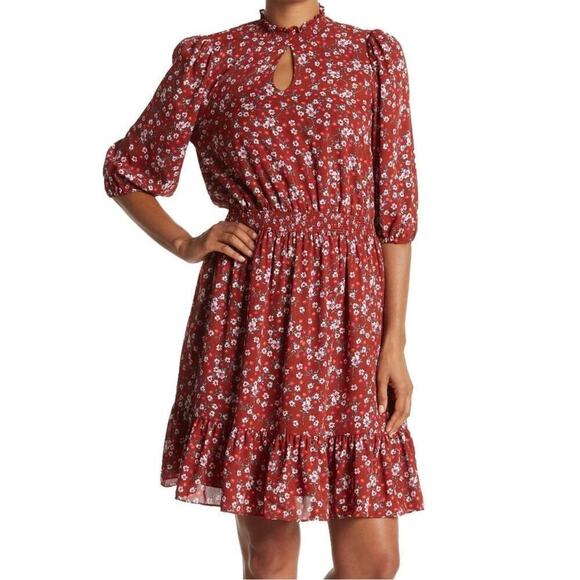 Nanette Lepore Red Floral 3/4 Puff Sleeve Smock Neck & Waist Dress Size 14 - Picture 1 of 13